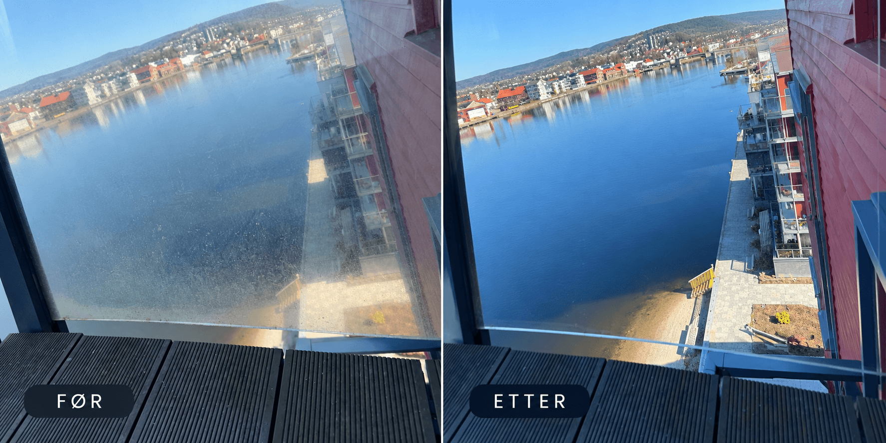 Balkongglass før og etter vindusvask i Grenland